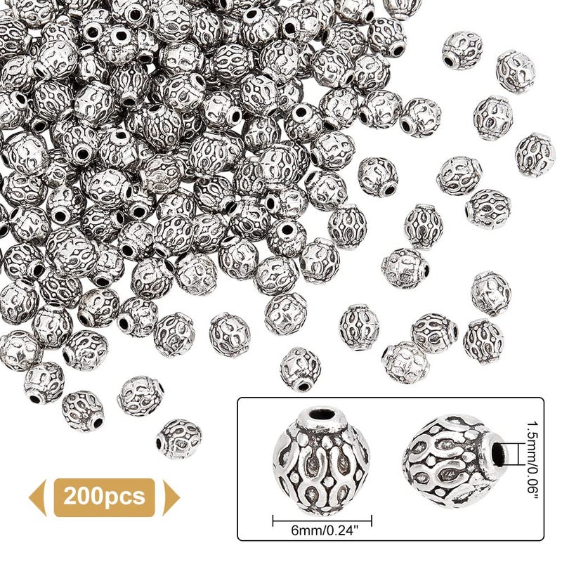 PH PandaHall 200pcs Tibetan Style Spacer Beads 6mm Round Alloy Antique Silver Beads Metal Spacers Charm Bead for Bracelet Necklace Jewelry Making DIY Craft, Hole: 1.5mm - Image 4